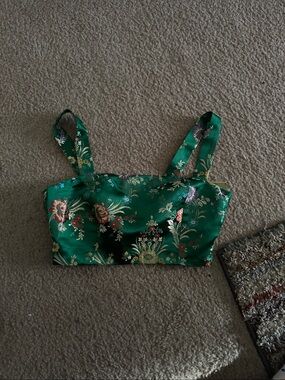 Forever 21 Emerald Green Floral Satin Crop Top